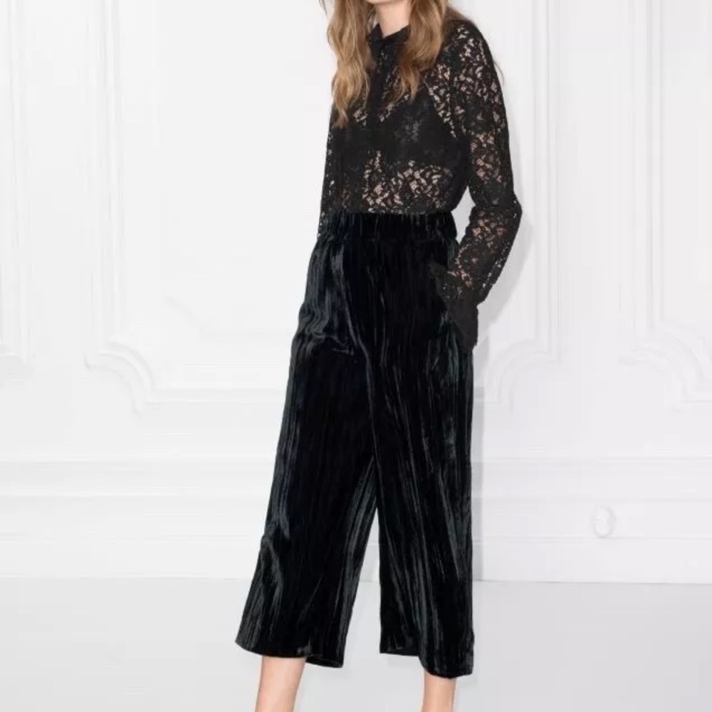& Other Stories Black Crushed Velvet Crop Wide Leg Pants Culottes